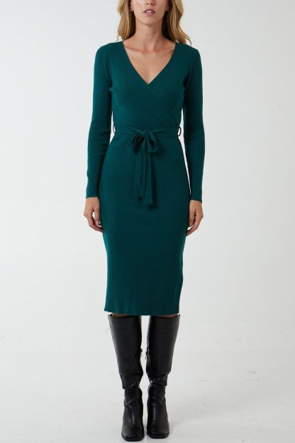 Cross Over Ribbed Dress - M/L / BOTTLE GREEN