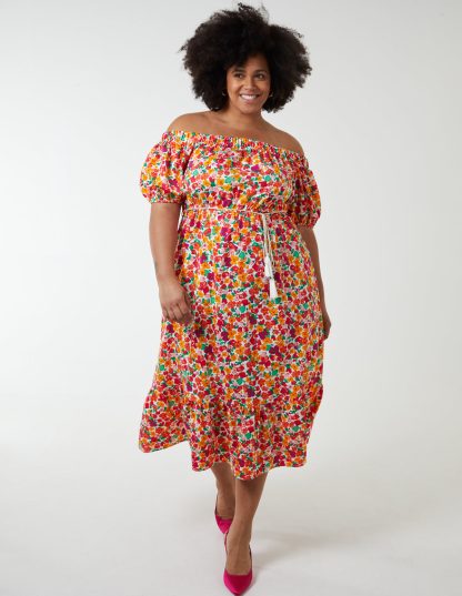 Curve Bardot Midi Dress With Frill Hem - 22 / WHITE