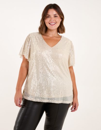 Curve Sequin Flutter Sleeve Top - 18/20 / Champagne