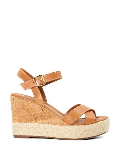 Dune London Women's Leather Ankle Strap Wedge Sandals - 6 - Tan, Tan