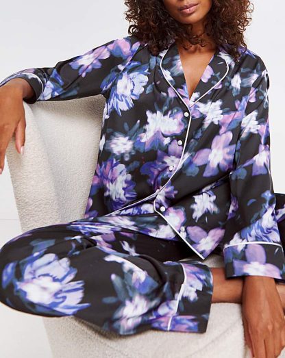 Figleaves Stretch Satin Pyjama Set Floral Print - Figleaves - Size: 10