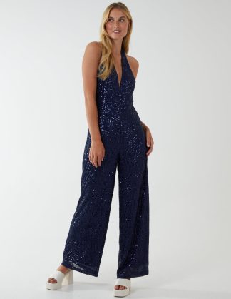 Halter Neck Plunge Jumpsuit - 16 / NAVY