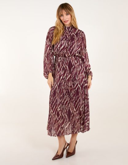 High Neck Pleated Digital Wave Abstract Dress - M / WINE