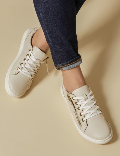 Jones Bootmaker Women's Leather Zip Up Trainers - 5 - Stone, Black,Black/Black,Teal,Gold,Navy,Pewter,Stone,White