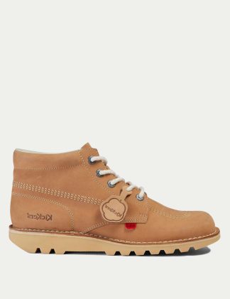 Kickers Women's Leather Chunky Lace Up Ankle Boots - 3STD - Tan, Tan,Dark Blue,Red