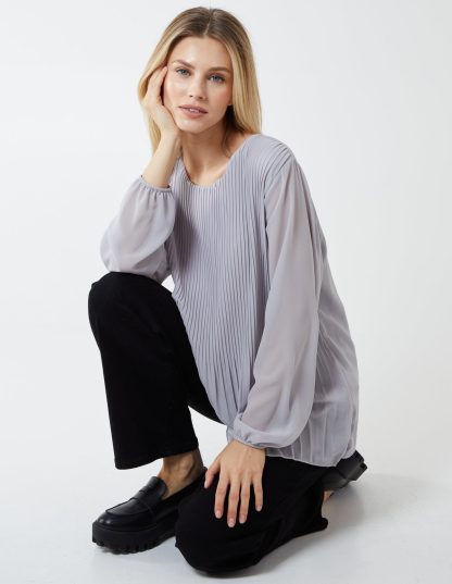 Long Sleeve Pleated Top - ONE / SILVER