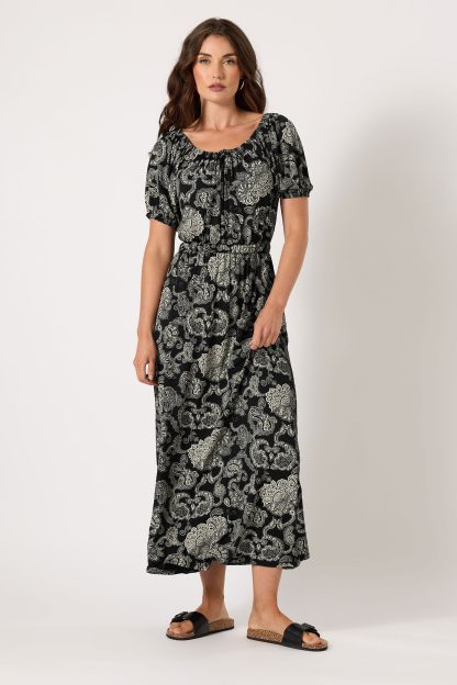 Lts Tall Black Paisley Print Bardot Midaxi Dress 22-24 Lts | Tall Women's Maxi Dresses