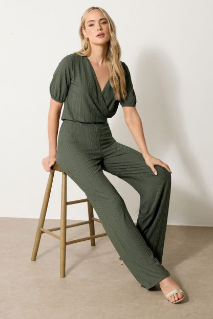 Lts Tall Khaki Green Ribbed Wrap Jumpsuit 22-24 Lts | Tall Women's Jumpsuits