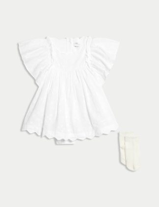 M&S Collection Female 2pc Cotton Rich Broderie Dress Outfit (7lbs-1 Yrs) - 1 M - White Mix, White Mix