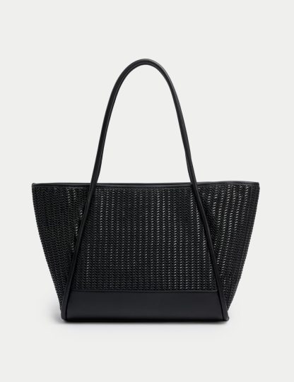 M&S Collection Women's Faux Leather Woven Structured Tote Bag - Black, Black,Brown Mix
