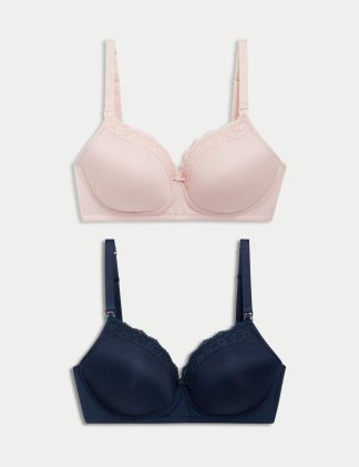 M&S Collection female 2 Pack Maternity Lace Trim Nursing Bras B-G - 32C - Navy Mix, Black/White,Navy Mix