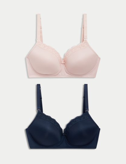 M&S Collection female 2 Pack Maternity Lace Trim Nursing Bras B-G - 32C - Navy Mix, Black/White,Navy Mix