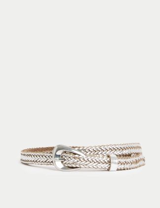 M&S Collection female Leather Woven Feature Buckle Skinny Jeans Belt - M - Silver, Tan,Silver,Cream