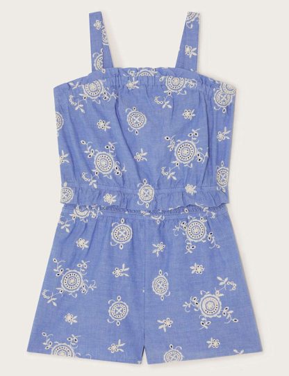 Monsoon Female Pure Cotton Broderie Playsuit (2-13 Yrs) - 11-12 - Blue, Blue