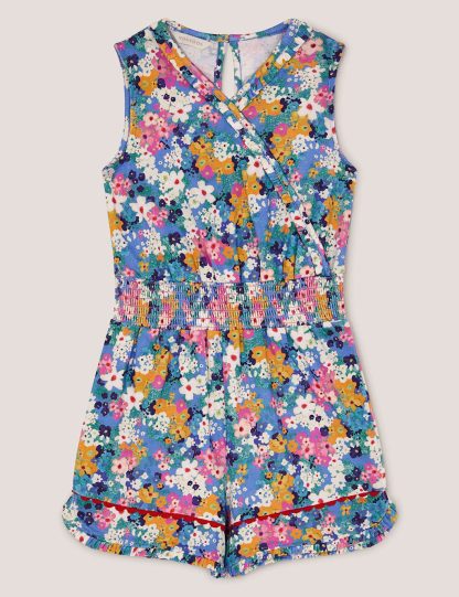 Monsoon Female Pure Cotton Floral Playsuit (2-13 Yrs) - 7-8 Y - Blue, Blue