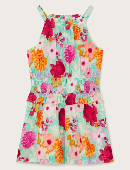 Monsoon Female Pure Cotton Floral Playsuit (3-13 Yrs) - 9-10Y - Green, Green