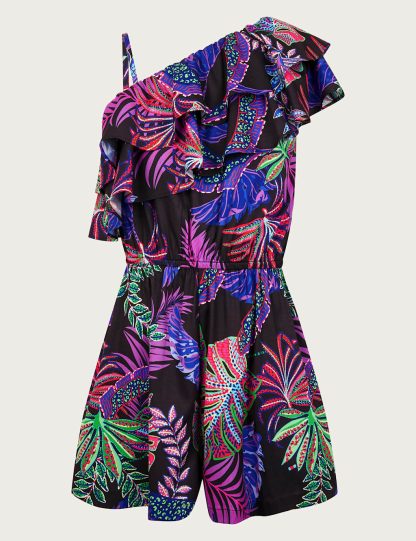 Monsoon Female Tropical One-Shoulder Playsuit (7-15 Yrs) - 15Y - Black Mix, Black Mix