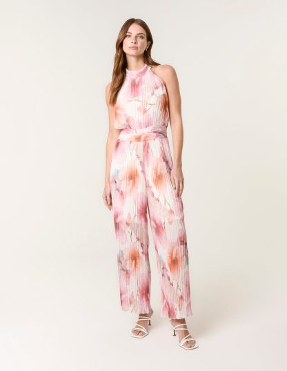 Pleated Halter Neck Watercolour Floral Printed Jumpsuit - S / PINK