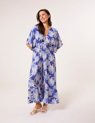 Printed Leaf Wide Leg Jumpsuit - M-L / BLUE
