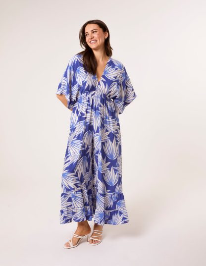 Printed Leaf Wide Leg Jumpsuit - M-L / BLUE