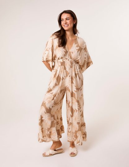Printed Leaf Wide Leg Jumpsuit - S-M / MOCHA