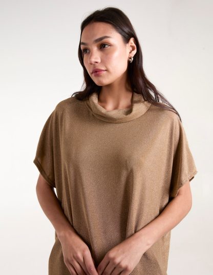 Roll Neck Oversize Lurex Top - ONE / GOLD