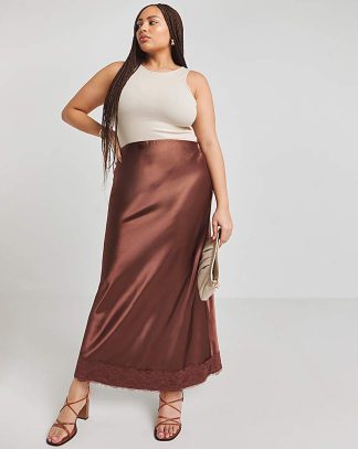 Satin Lace Hem Midaxi Skirt