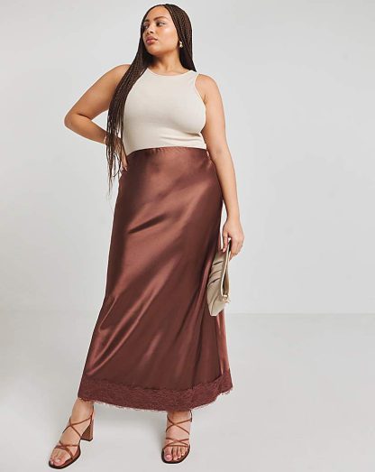 Satin Lace Hem Midaxi Skirt