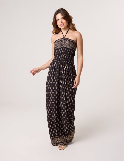 Shirred Wide Leg Border Print Jumpsuit - M/L / BLACK
