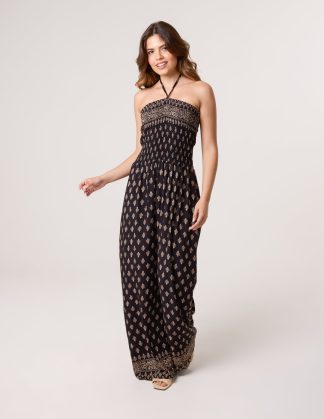 Shirred Wide Leg Border Print Jumpsuit - S/M / BLACK