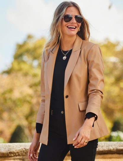 Sosandar Women's Faux Leather Single Breasted Blazer - 16 - Tan, Tan