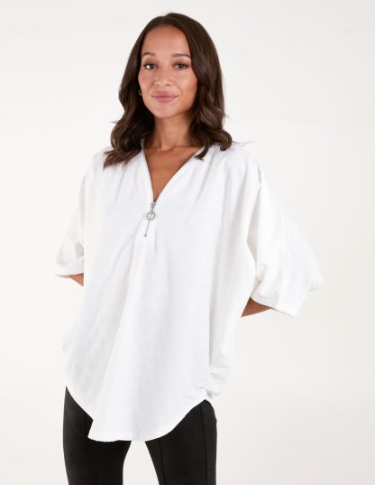 Textured Half Zip Top - S/M / WHITE