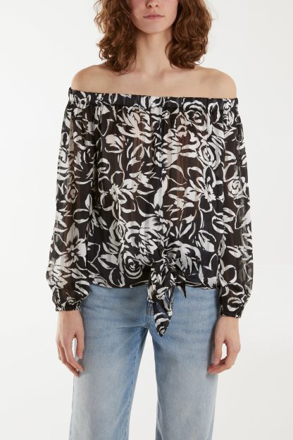 Tie Front Bardot Top - S / BLACK