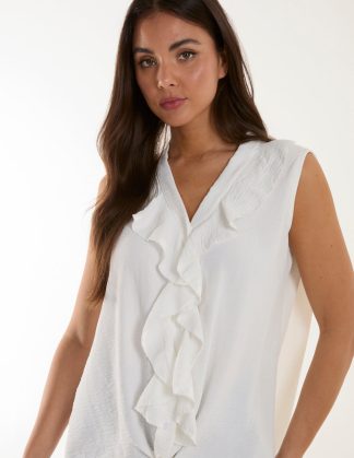 V Neck Ruffle Top with Knot - S/M / IVORY