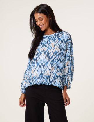 Abstract Aztec Batwing Elasticated Top - ONE / NAVY
