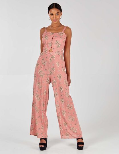 Button Front Jumpsuit - 8 / PINK