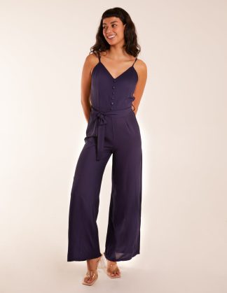 Button Front Strappy Jumpsuit - 14 / NAVY