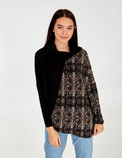 Colour Block Snake Print Cowl Top - S/M / BLACK