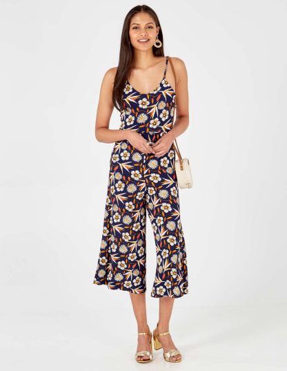 Floral Print Frill Waist Navy Culotte Jumpsuit - 8 / Navy