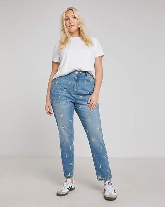 Fruit Embroidered Slim Mom Jeans MID Blue - Simply Be - Size: 10R