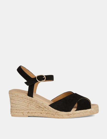 Geox female Suede Crossover Ankle Strap Wedge Sandals - 7.5 - Black, Black