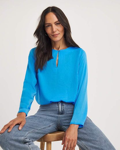 Hammered Satin Keyhole Shell Top Blue - JD Williams - Size: 30
