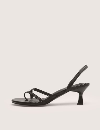 Helios Black Pu Asymmetric Toe Strap Sling Back Mid Heels