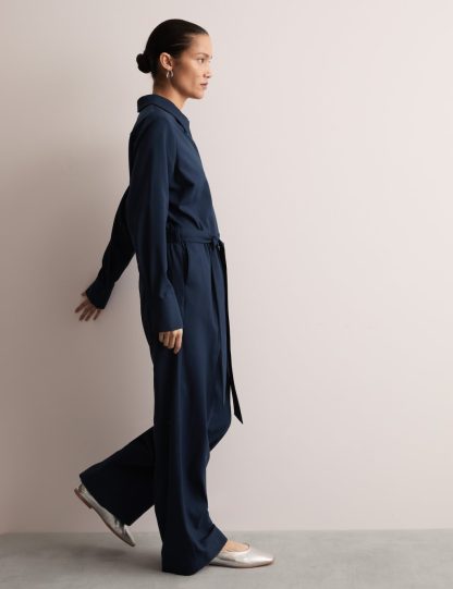 Jaeger female Wool Rich Belted Long Sleeve Jumpsuit - 12 - Navy, Navy