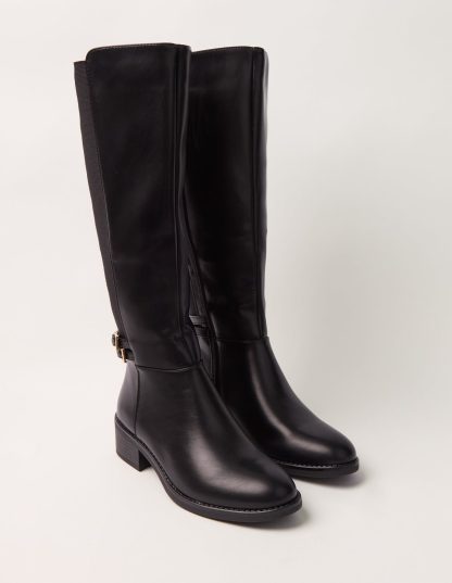 Knee Length Elasticated Back Buckle Boots - UK 3 (EU 36) / BLACK