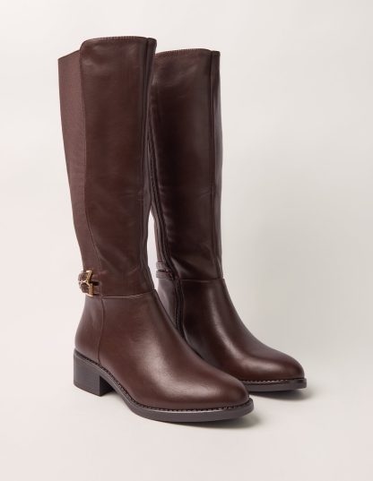 Knee Length Elasticated Back Buckle Boots - UK 3 (EU 36) / BROWN