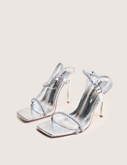 Last Night Silver Snake Pu Diamante Strap Stiletto High Heels