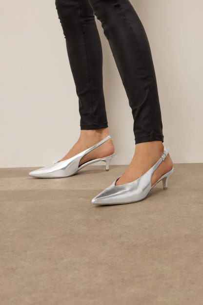 Lts Silver Pointed Slingback Kitten Heel Standard > 13 Lts | Tall Women's Heels