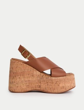 M&S Collection female Leather Crossover Ankle Strap Wedge Sandals - 5 - Tan, Tan,Black