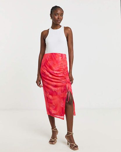 Mesh Overlay Ruched Side Midi Skirt Pink TIE DYE - Simply Be - Size: 10